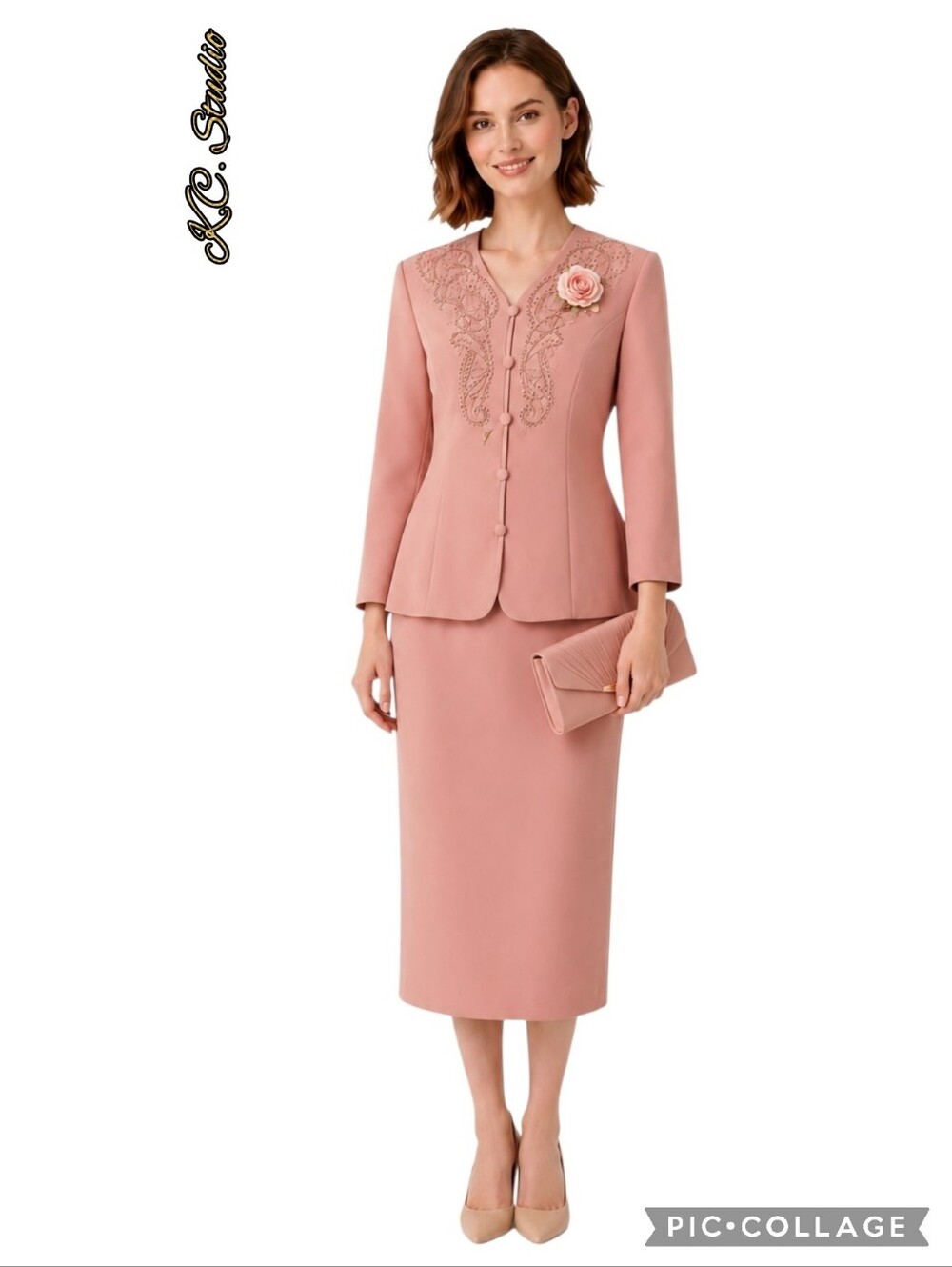 K.C. Studio dusty rose suit rhinestone embroidery jacket lined pencil skirt, NWT